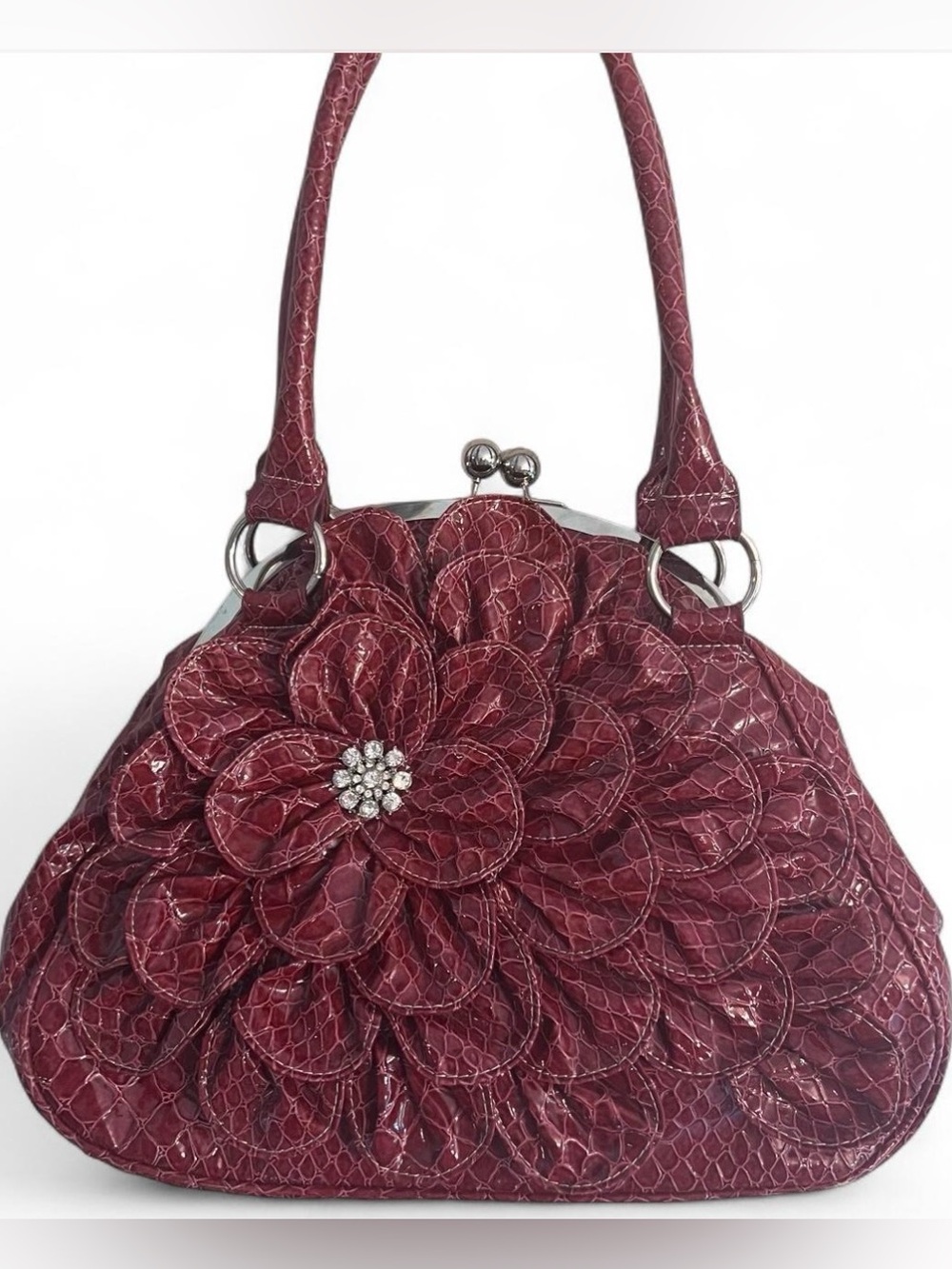 Women's Floral Applique Shoulder Bag in Wine Red Y2K